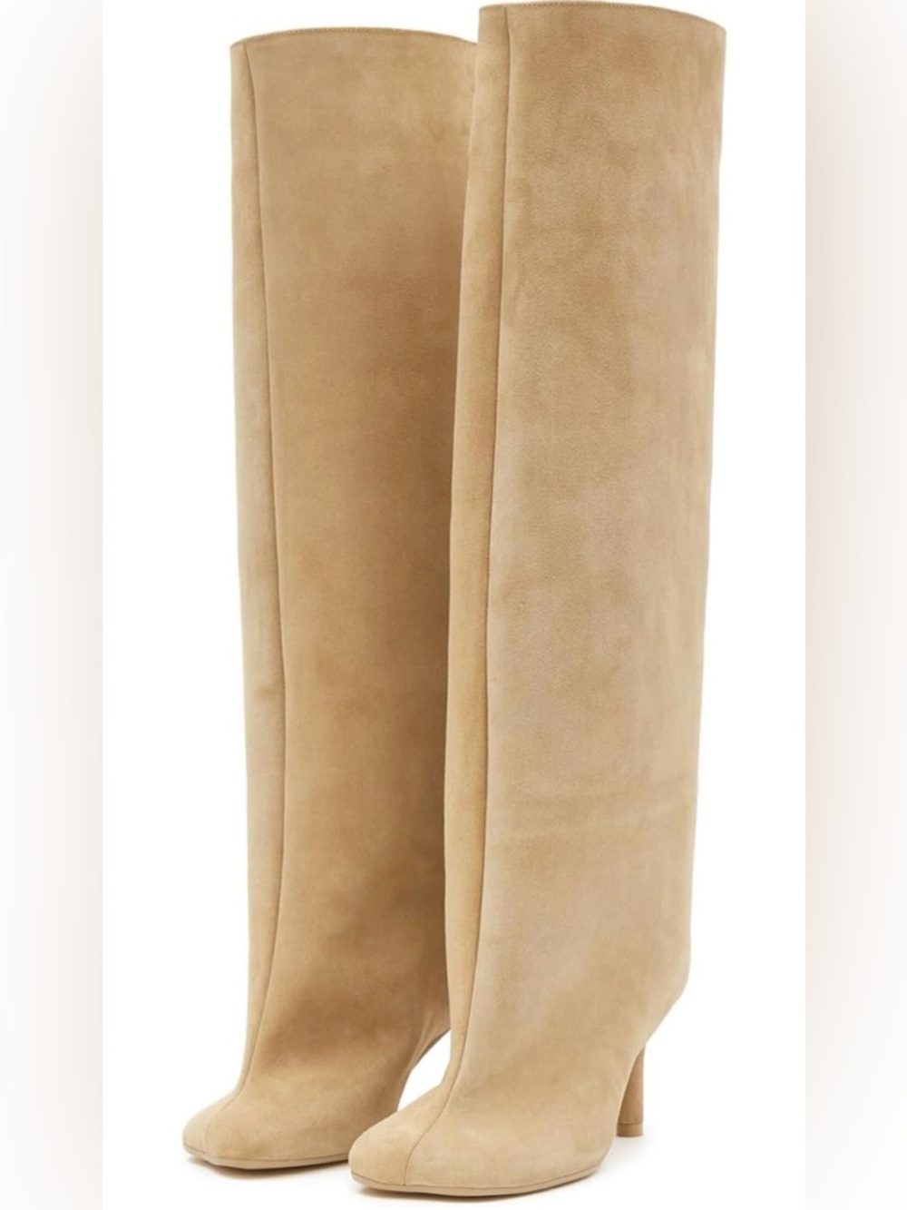 Suede Knee High Boots Square Toe Stiletto Heels Wide Calf Tall Boots in Tan